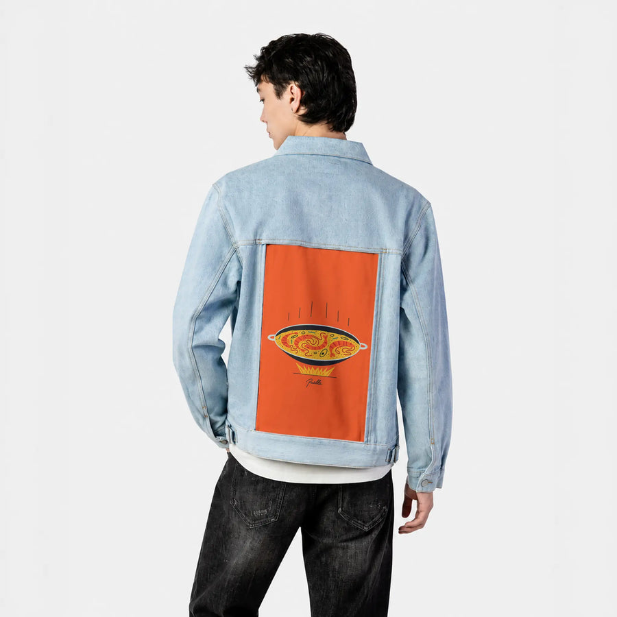 poella patch on male og denim jacket in oceanside