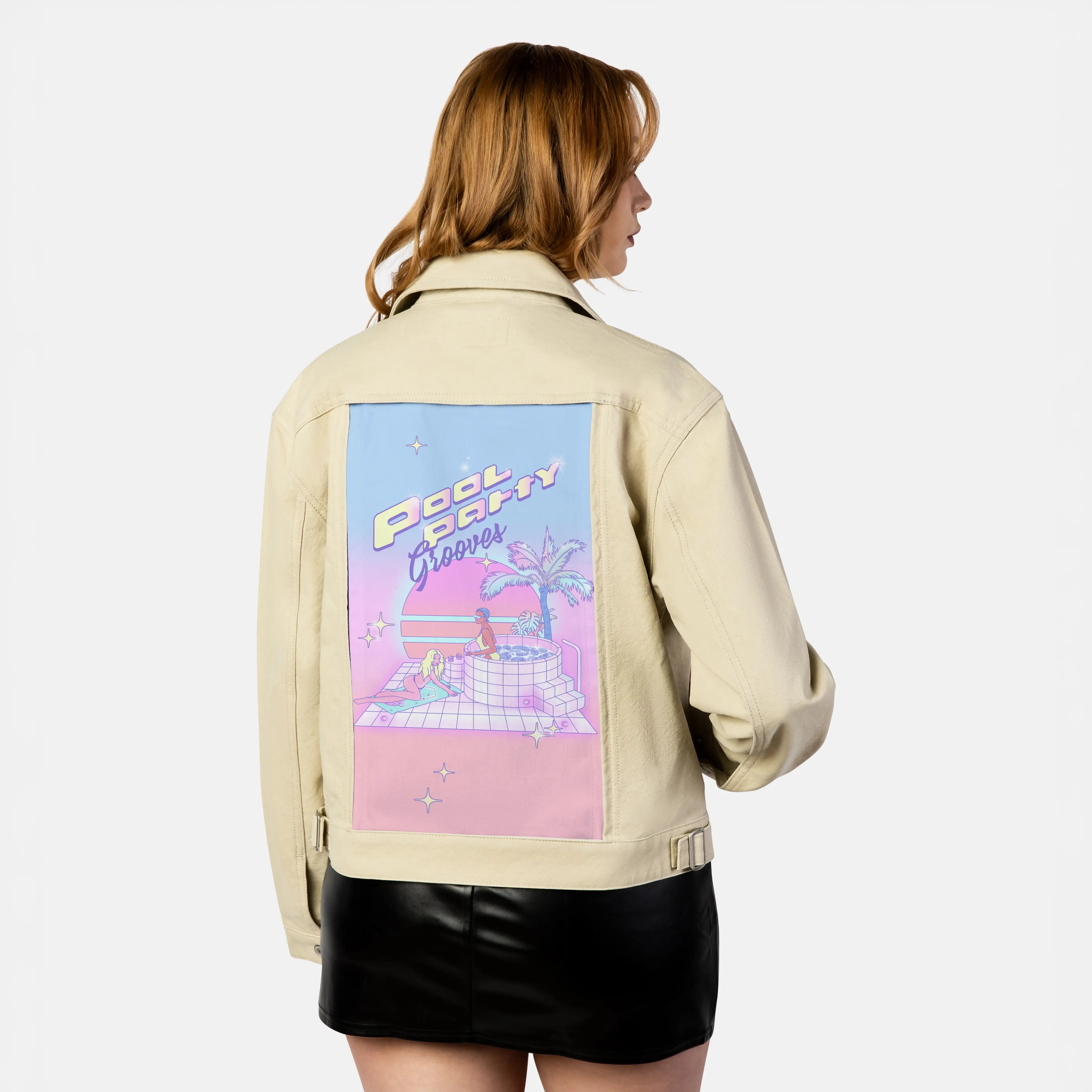 poolpartygrooves patch on female atelier canvas jacket in tan