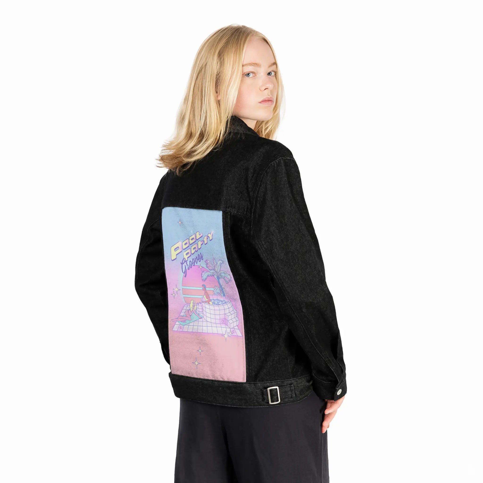 poolpartygrooves patch on female og denim jacket in raven