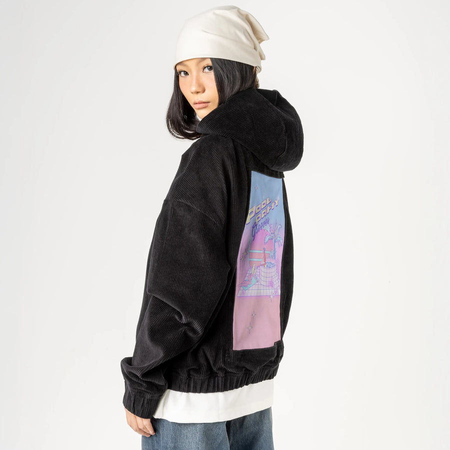 poolpartygrooves patch on female retro cord hoodie in onyx