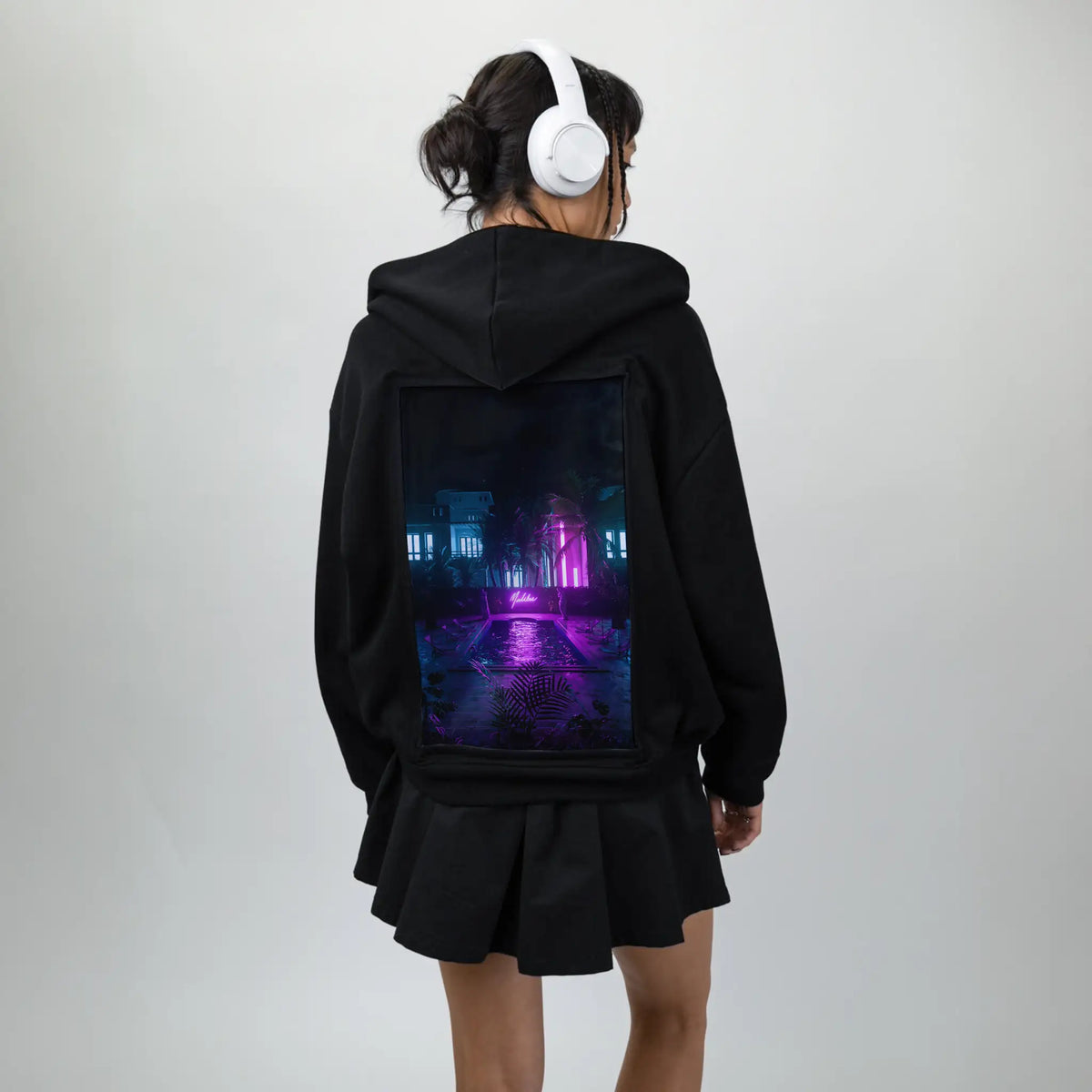 pooltime patch on female essential zip hoodie in after hours