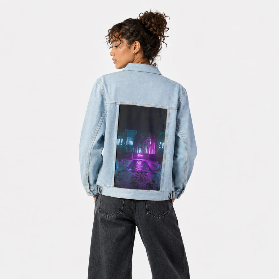 pooltime patch on female og denim jacket in oceanside