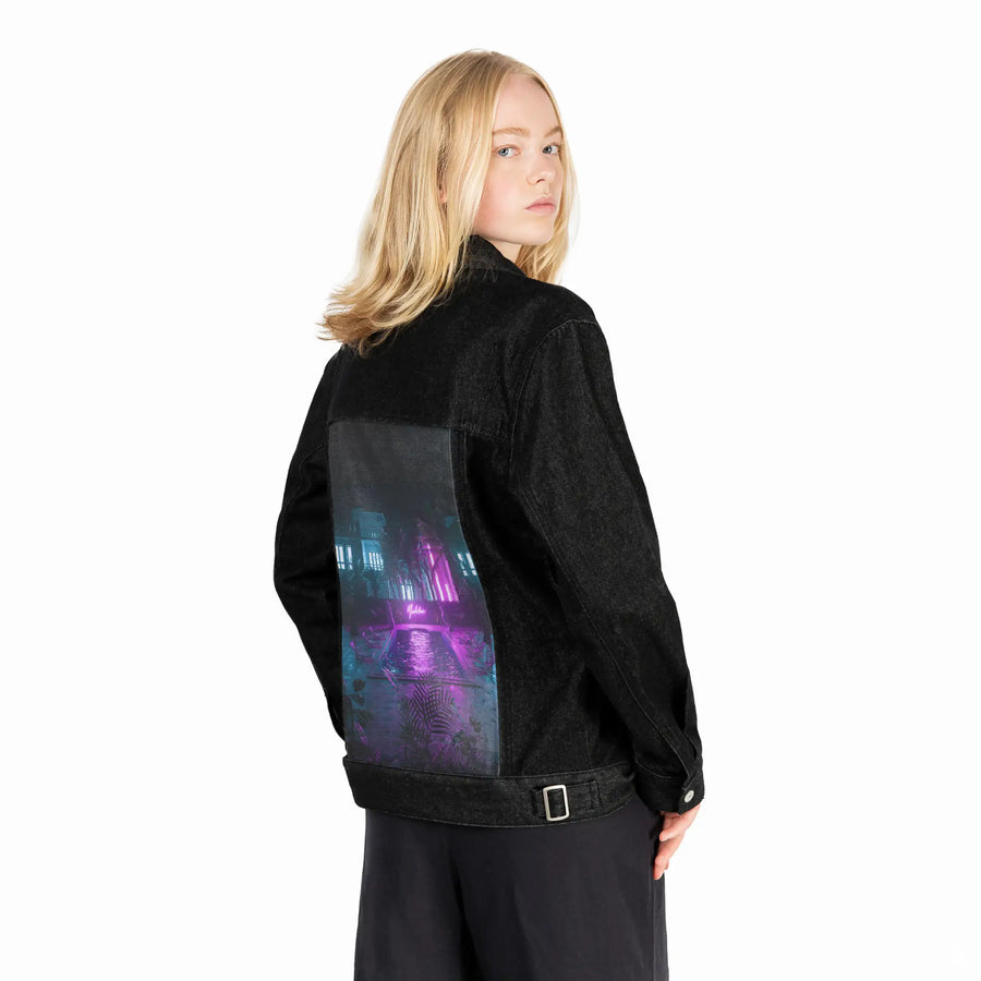 pooltime patch on female og denim jacket in raven
