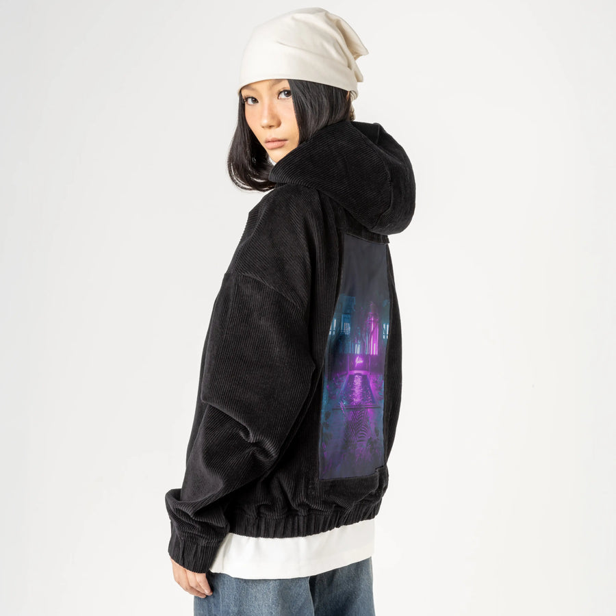pooltime patch on female retro cord hoodie in onyx