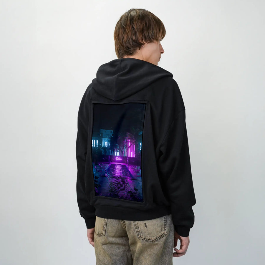 pooltime patch on male essential zip hoodie in after hours