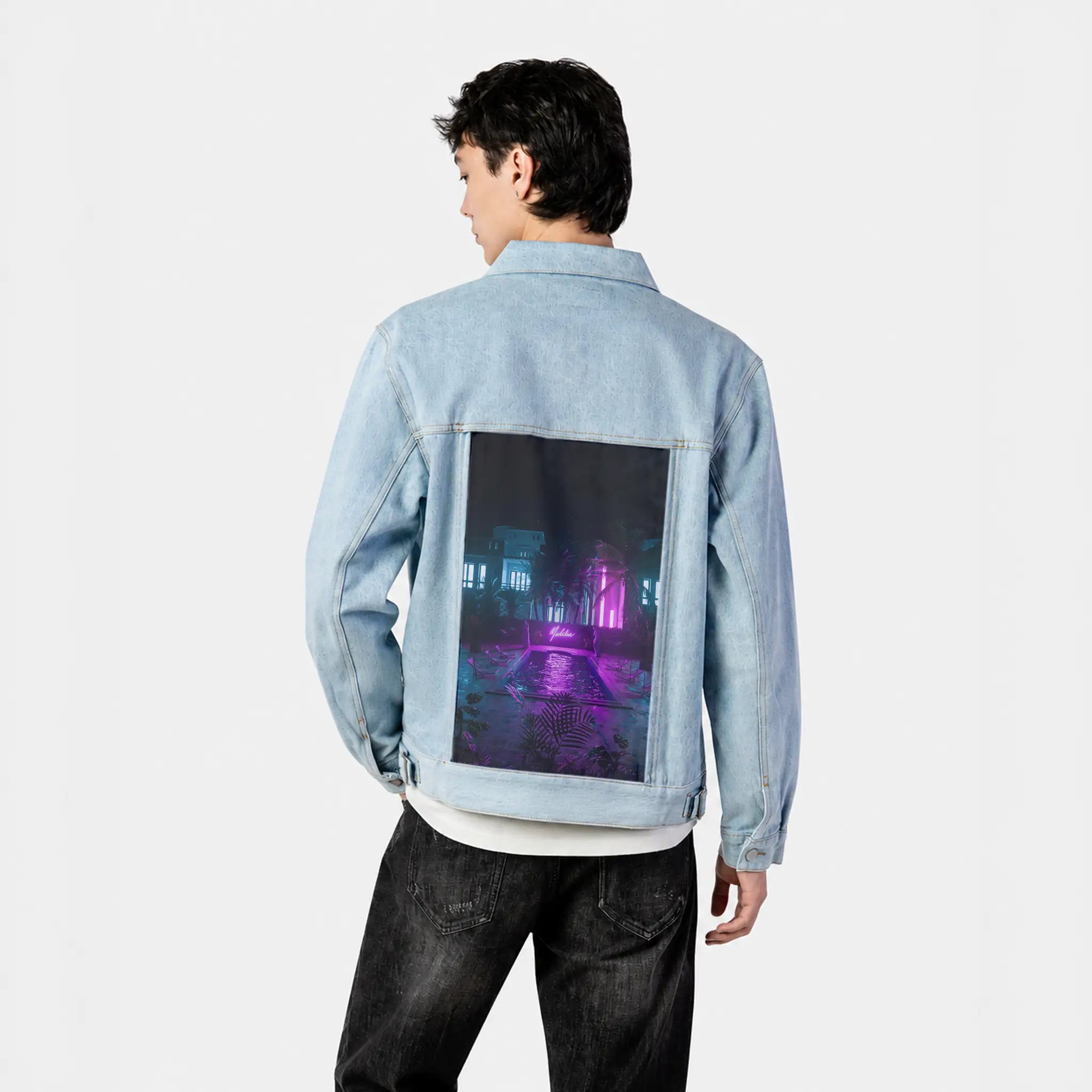 pooltime patch on male og denim jacket in oceanside
