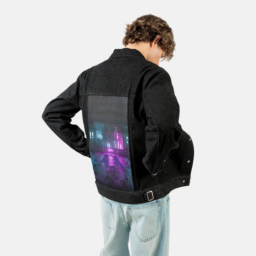 pooltime patch on male og denim jacket in raven