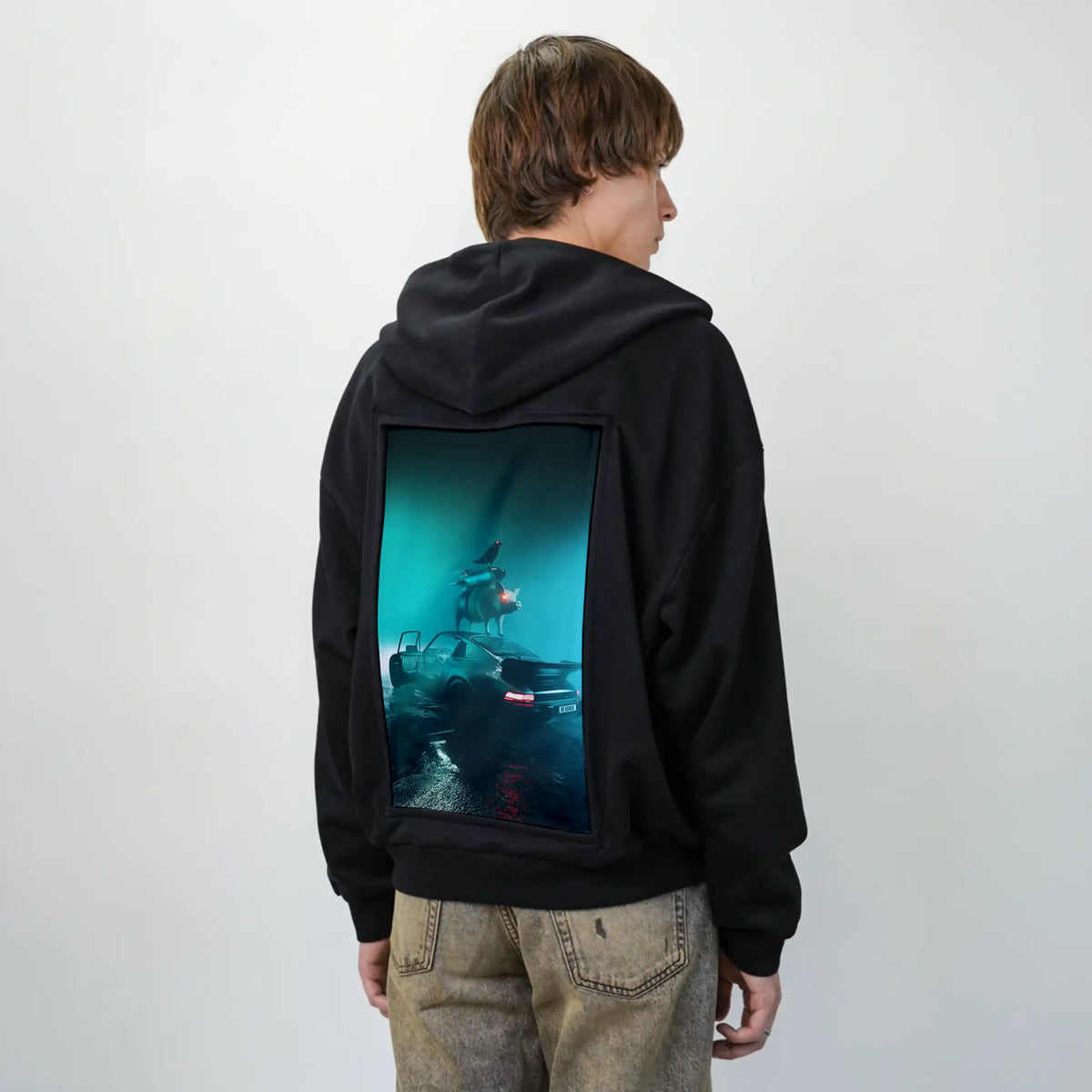 porchepig patch on male essential zip hoodie in after hours