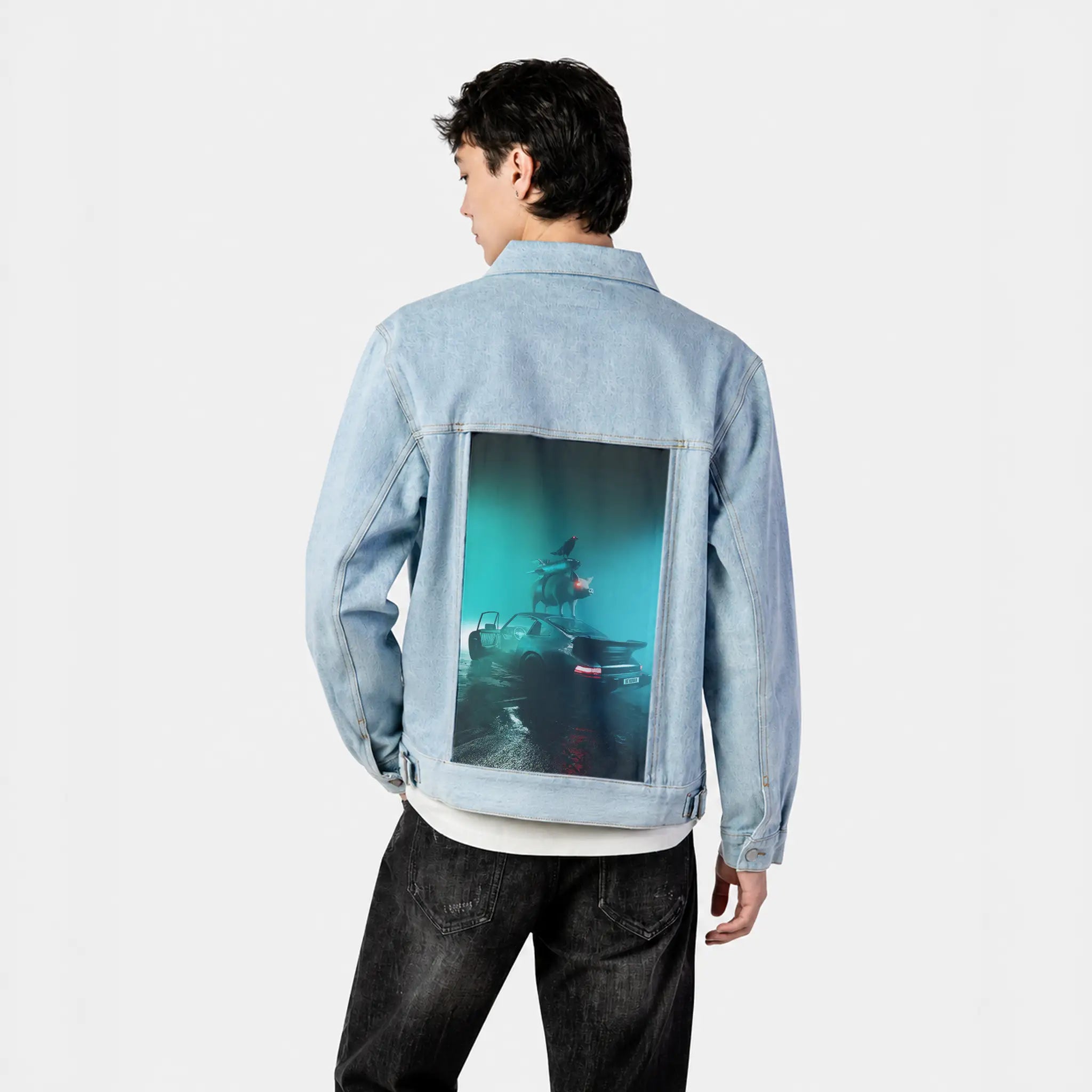 porchepig patch on male og denim jacket in oceanside