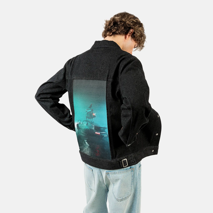 porchepig patch on male og denim jacket in raven