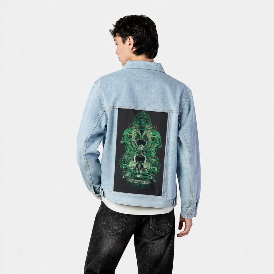 poseidonsskulls patch on male og denim jacket in oceanside