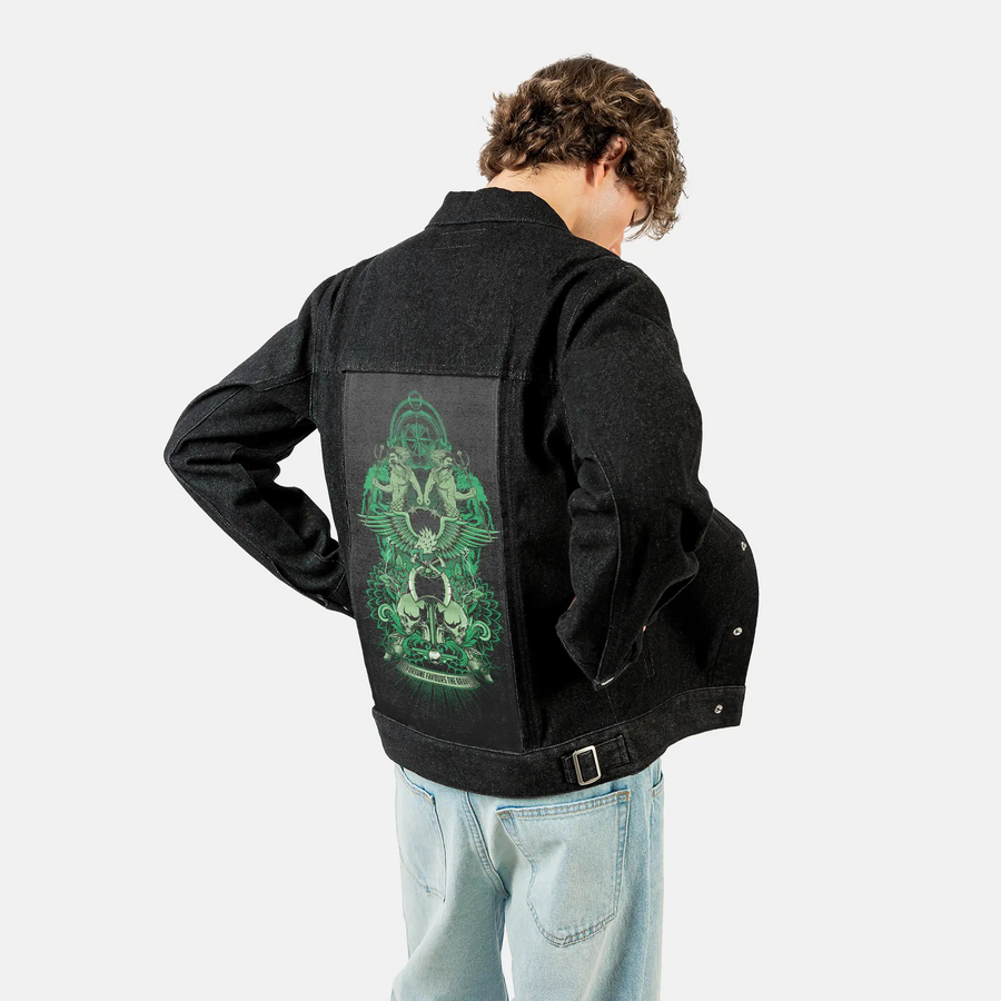 poseidonsskulls patch on male og denim jacket in raven