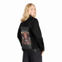 praisetheslice patch on female og denim jacket in raven