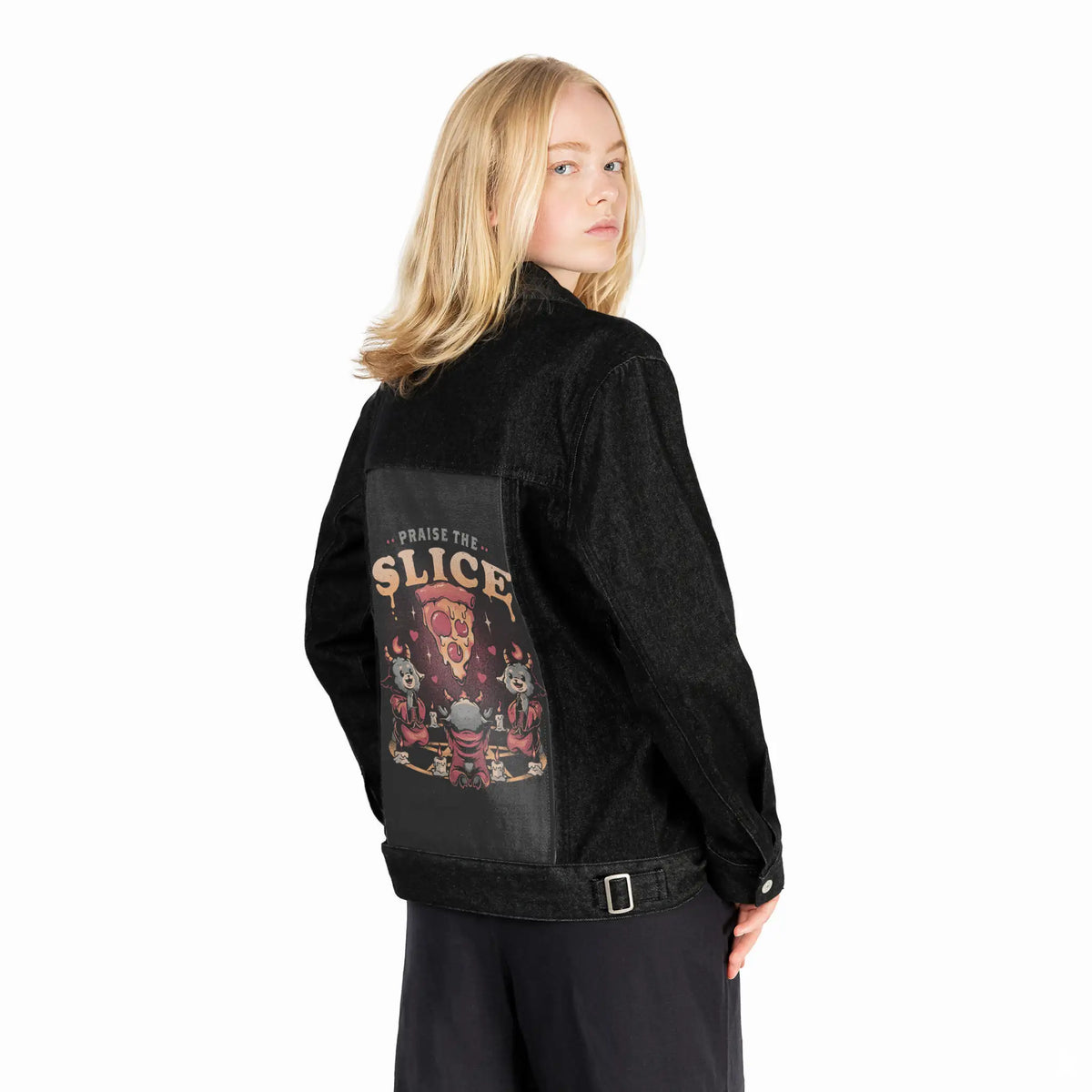 praisetheslice patch on female og denim jacket in raven