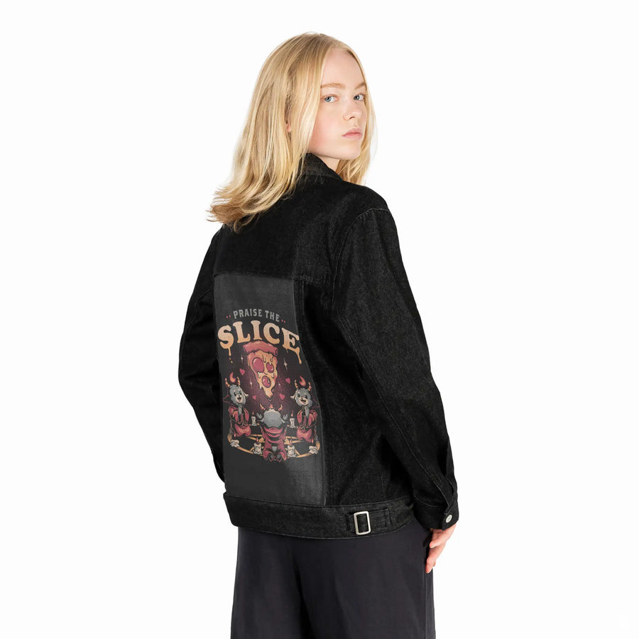 praisetheslice patch on female og denim jacket in raven