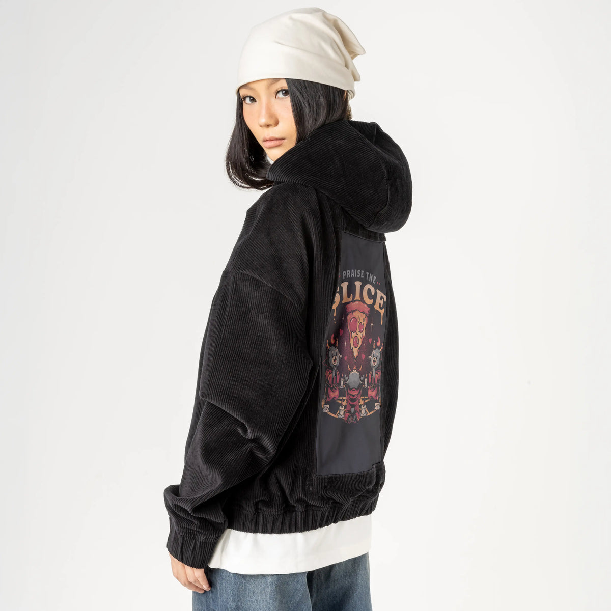praisetheslice patch on female retro cord hoodie in onyx