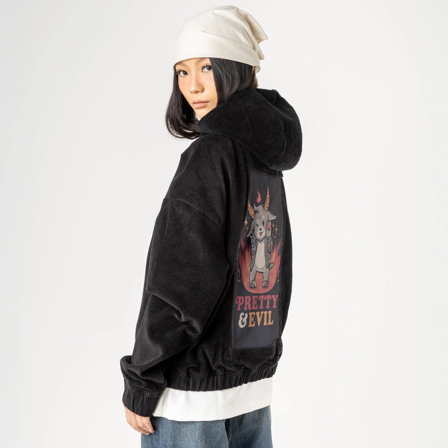 prettyandevil patch on female retro cord hoodie in onyx