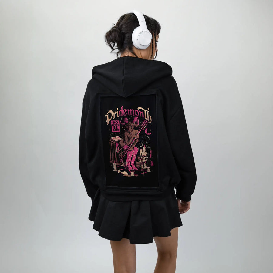 pridemonth patch on female essential zip hoodie in after hours