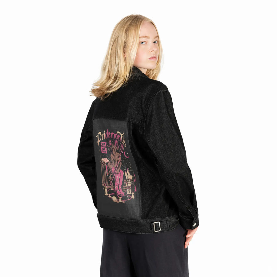 pridemonth patch on female og denim jacket in raven