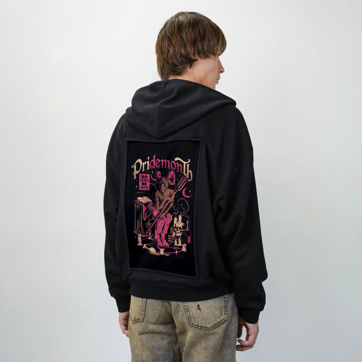 pridemonth patch on male essential zip hoodie in after hours