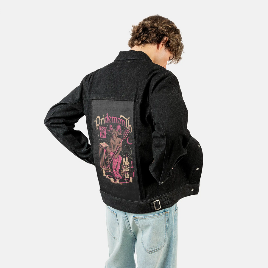 pridemonth patch on male og denim jacket in raven