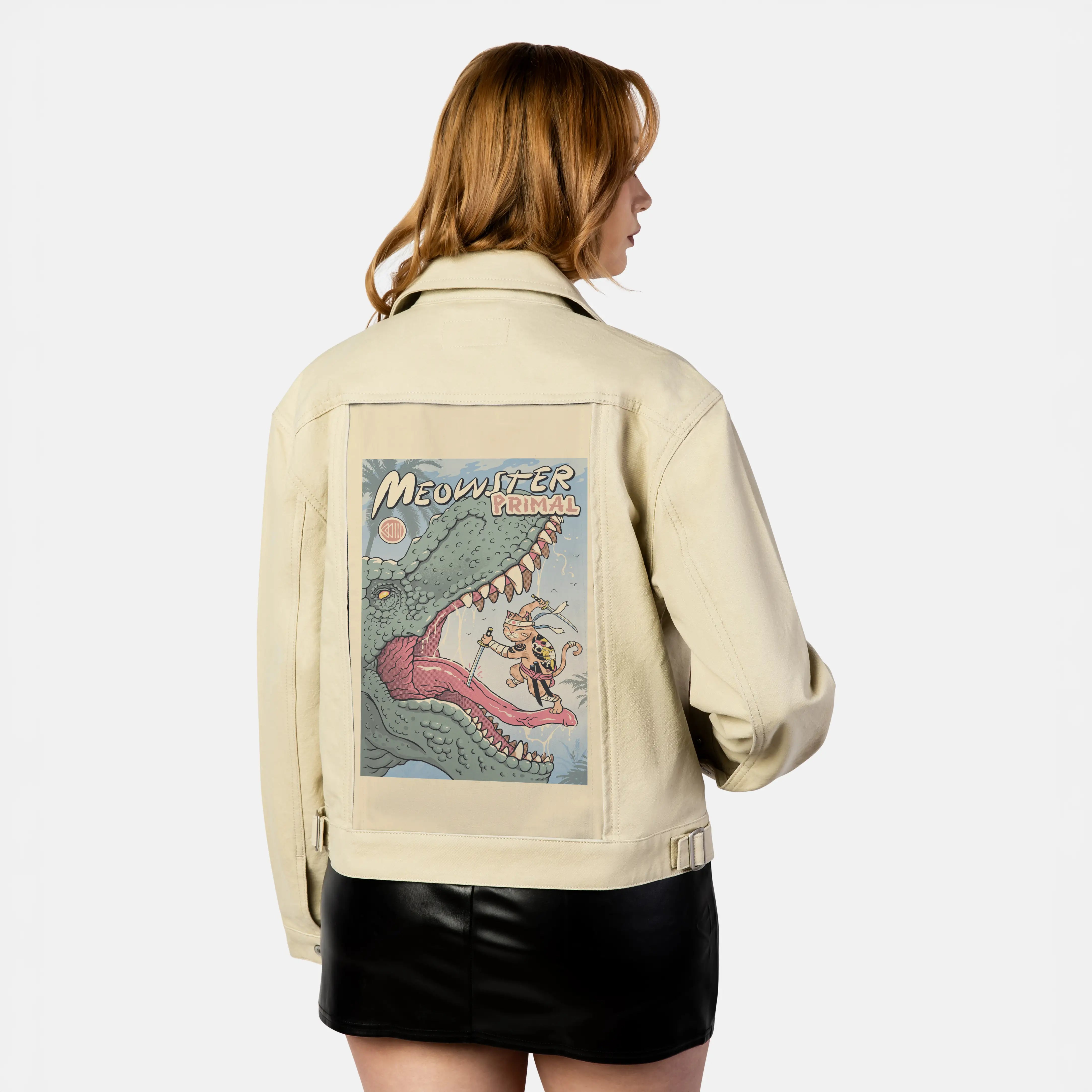 primalmeowster patch on female atelier canvas jacket in tan