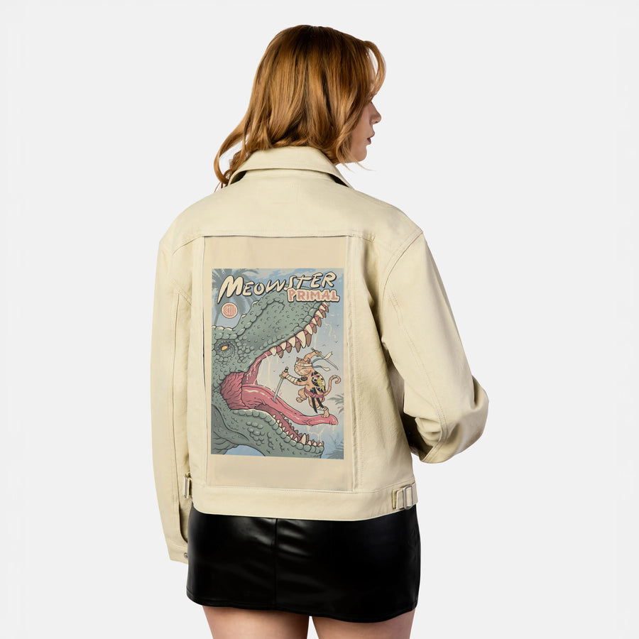 primalmeowster patch on female atelier canvas jacket in tan