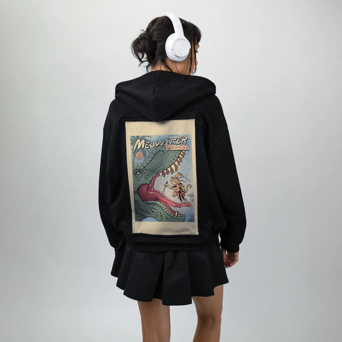 primalmeowster patch on female essential zip hoodie in after hours