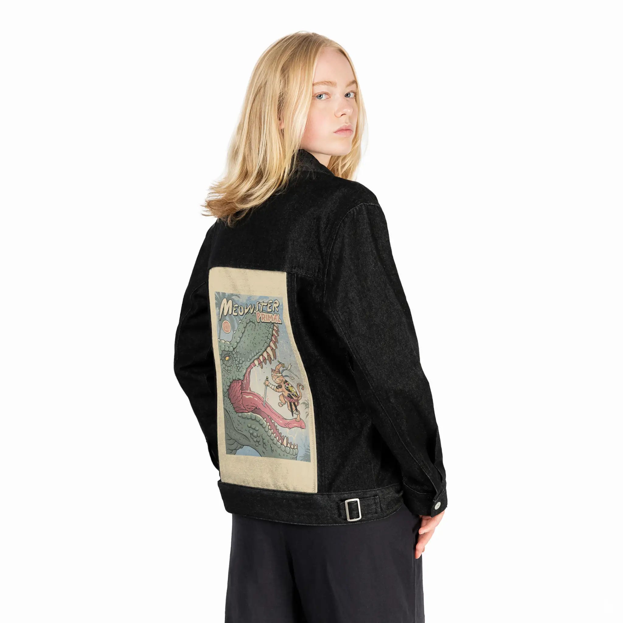 primalmeowster patch on female og denim jacket in raven