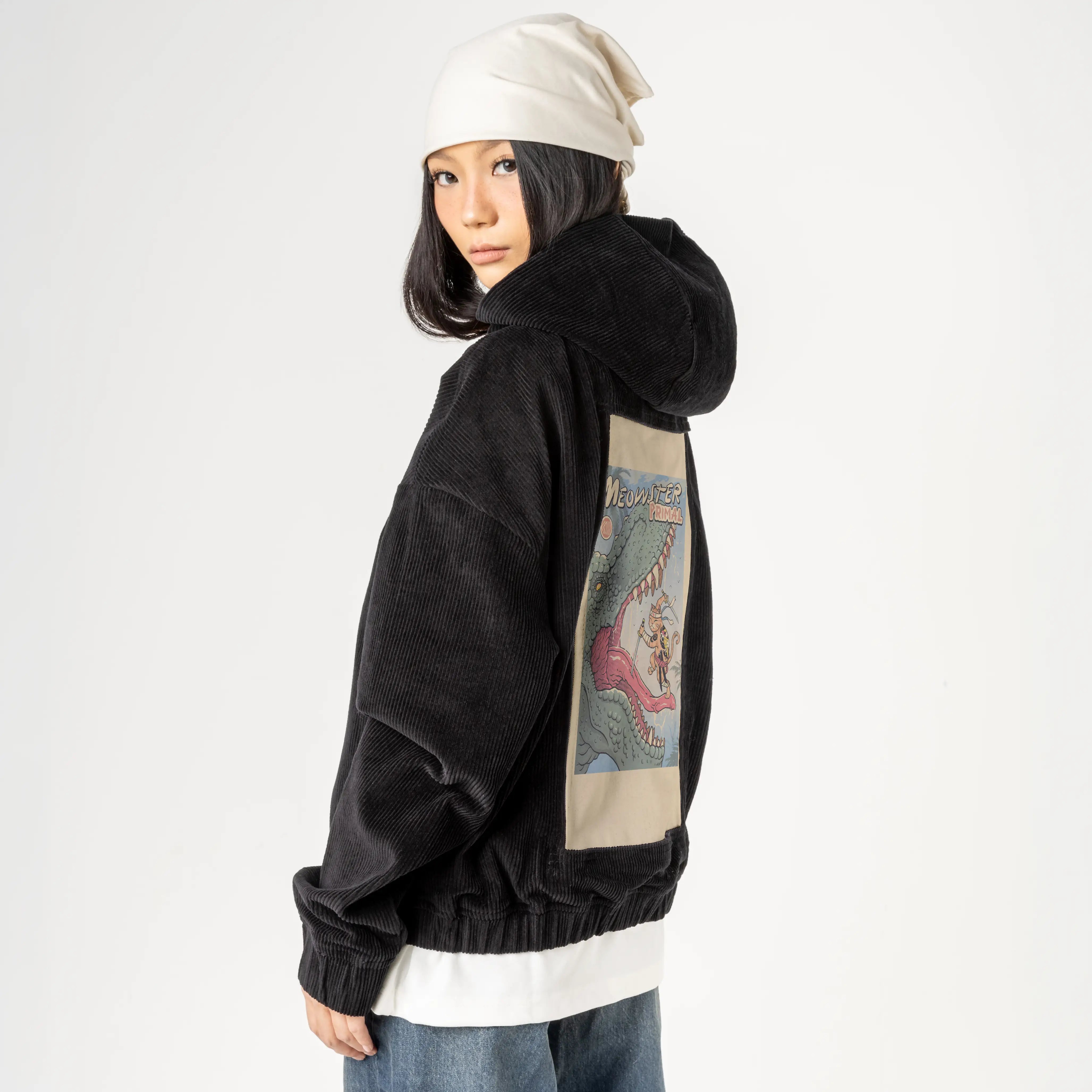 primalmeowster patch on female retro cord hoodie in onyx
