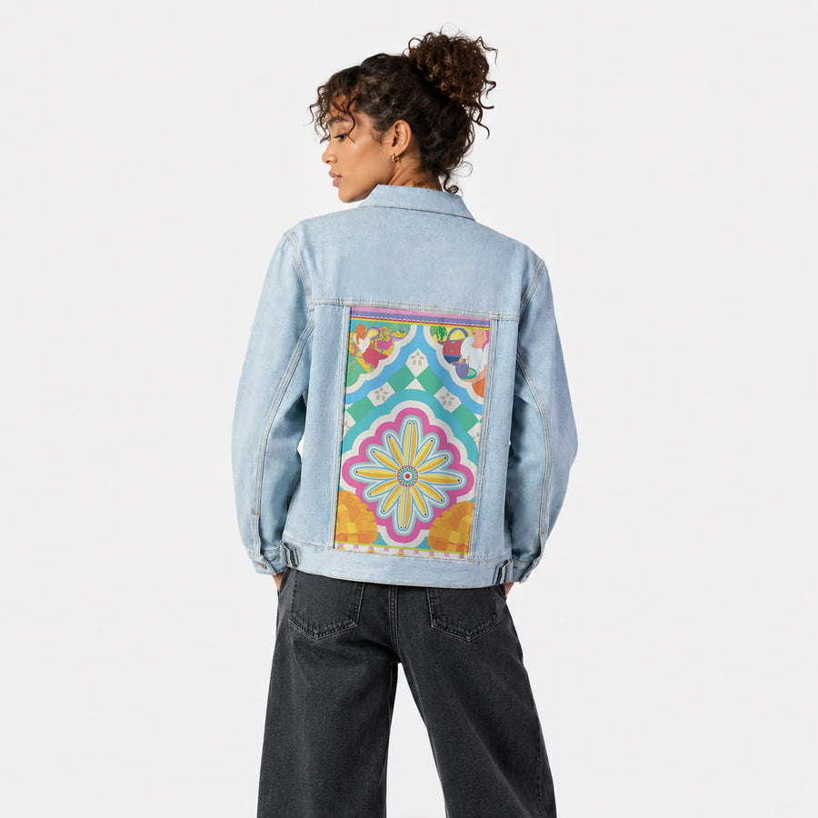 prutas patch on female og denim jacket in oceanside