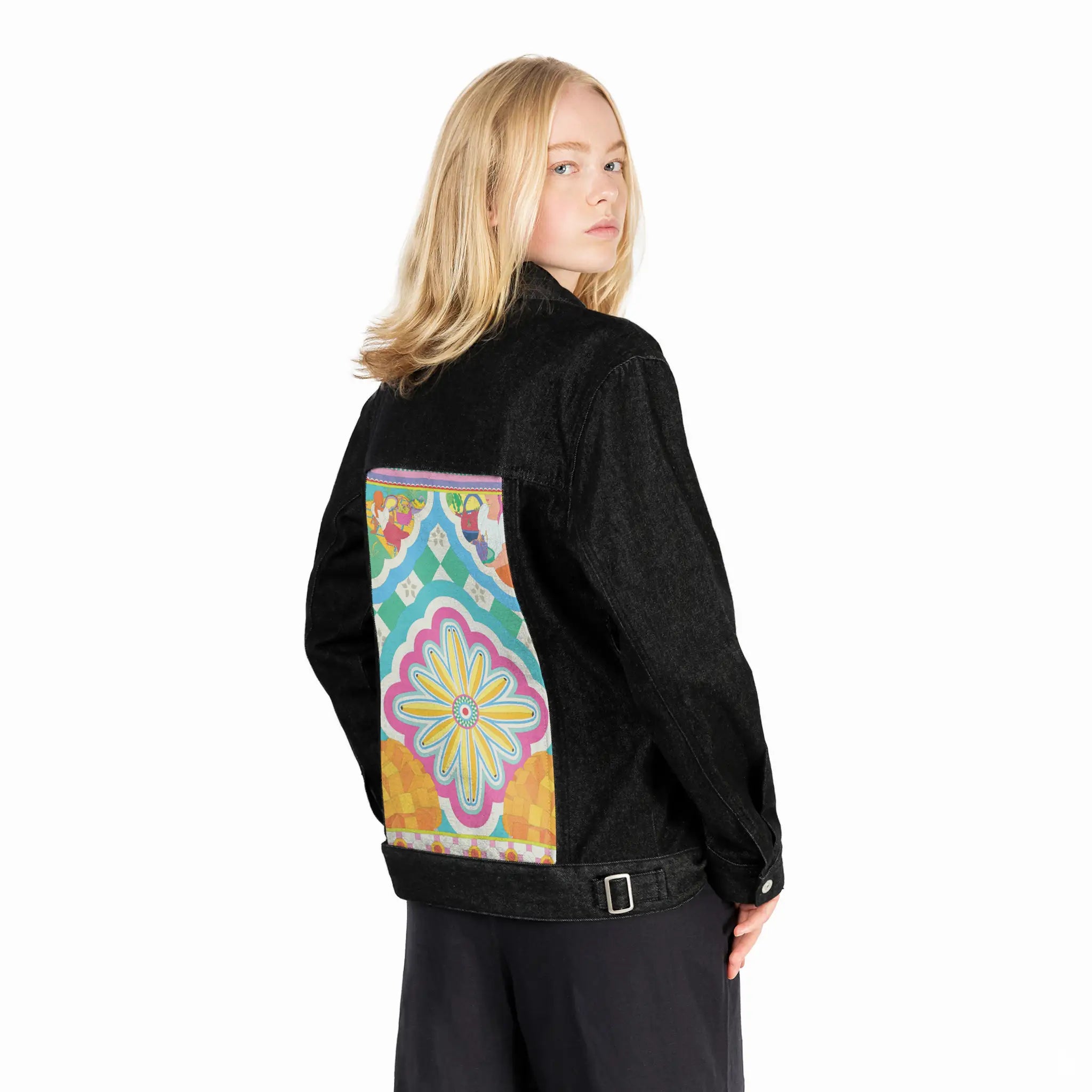 prutas patch on female og denim jacket in raven