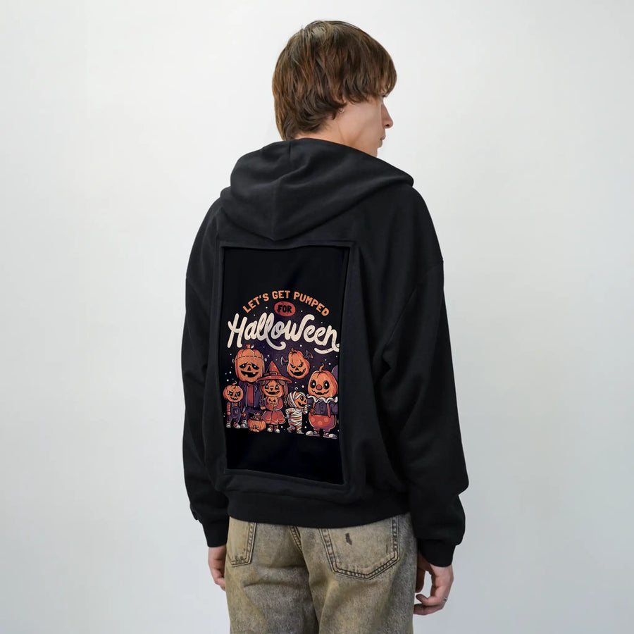 pumpedforhalloween patch on male essential zip hoodie in after hours