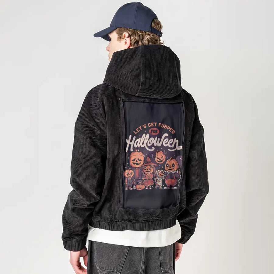 pumpedforhalloween patch on male retro cord hoodie in onyx