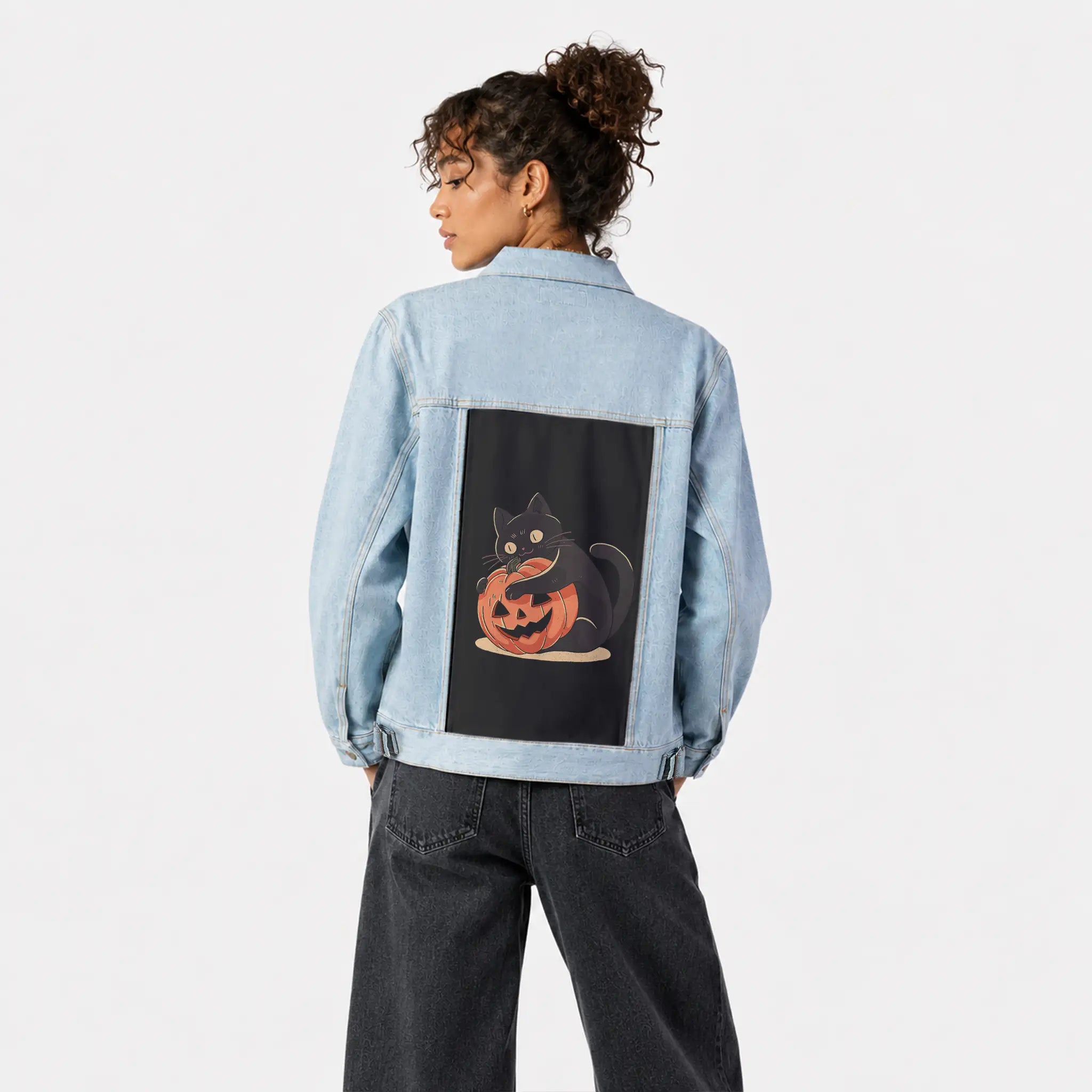 pumpkinembrace patch on female og denim jacket in oceanside