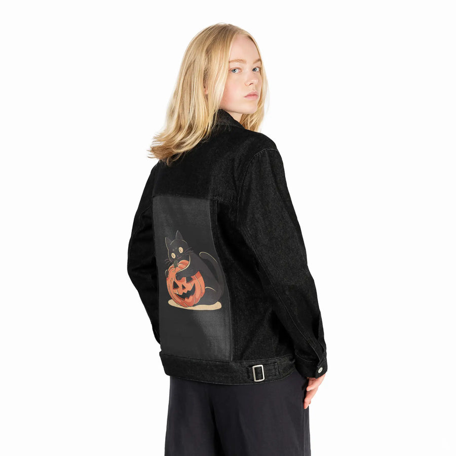 pumpkinembrace patch on female og denim jacket in raven