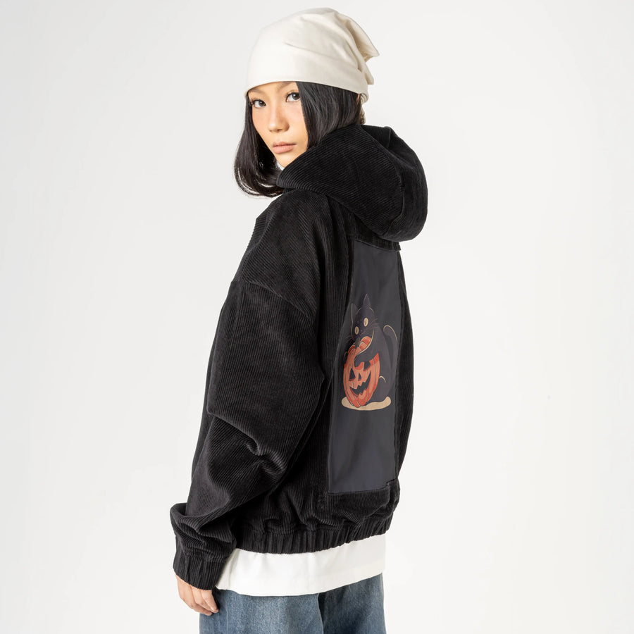 pumpkinembrace patch on female retro cord hoodie in onyx