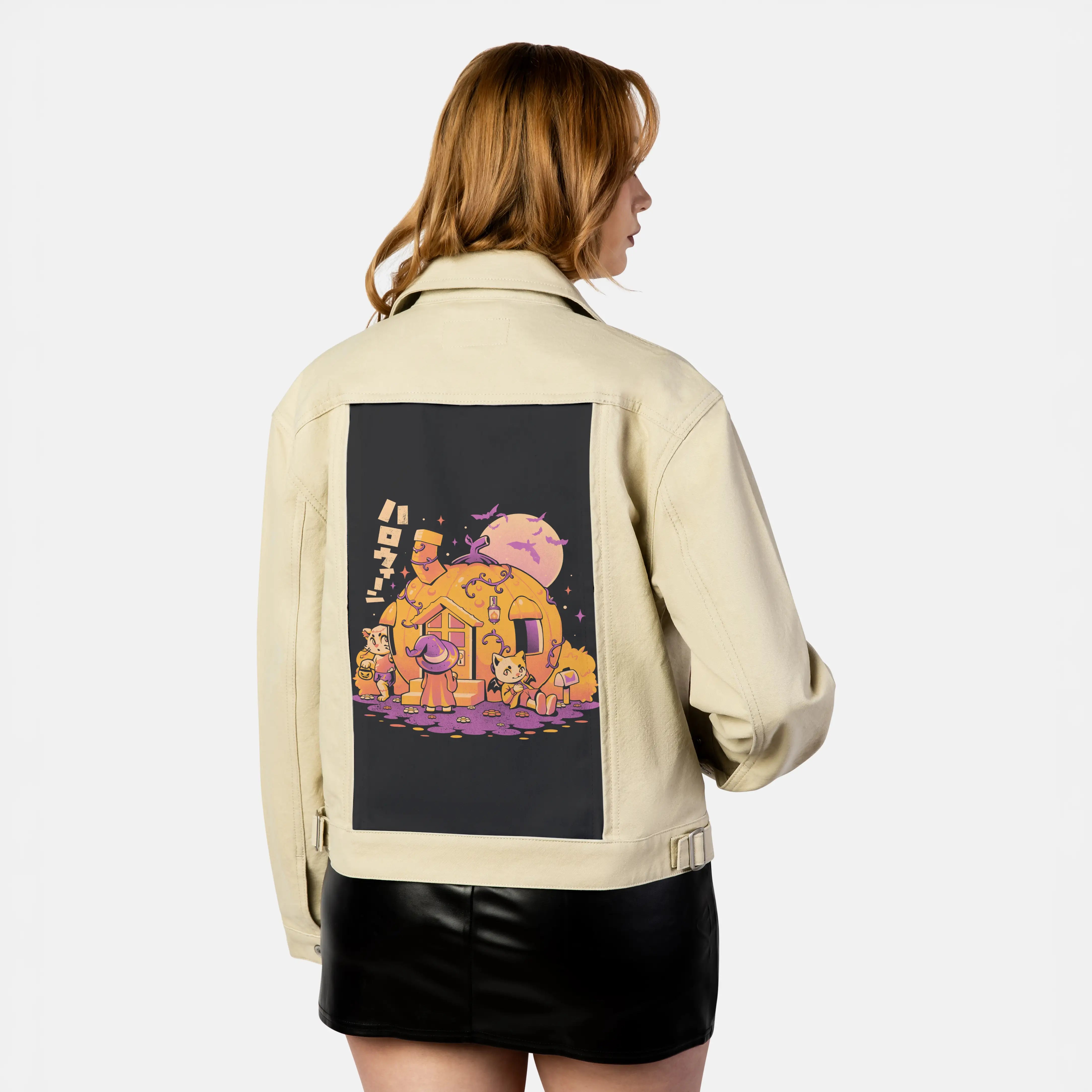 purrpkinhouse patch on female atelier canvas jacket in tan