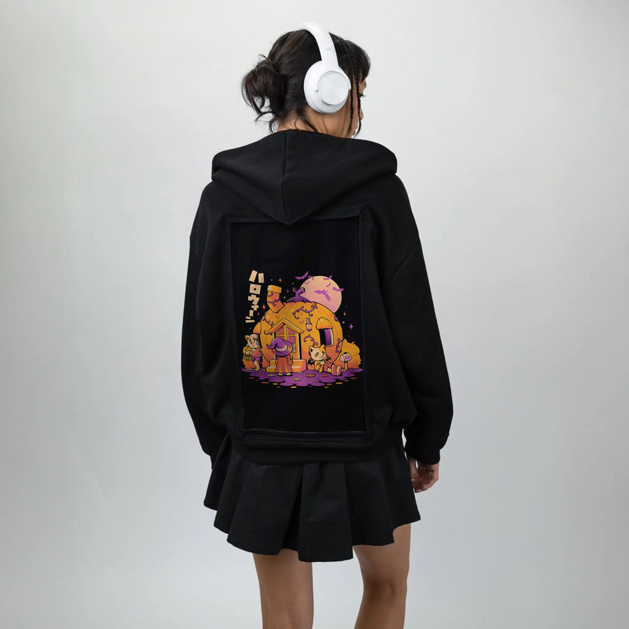 purrpkinhouse patch on female essential zip hoodie in after hours