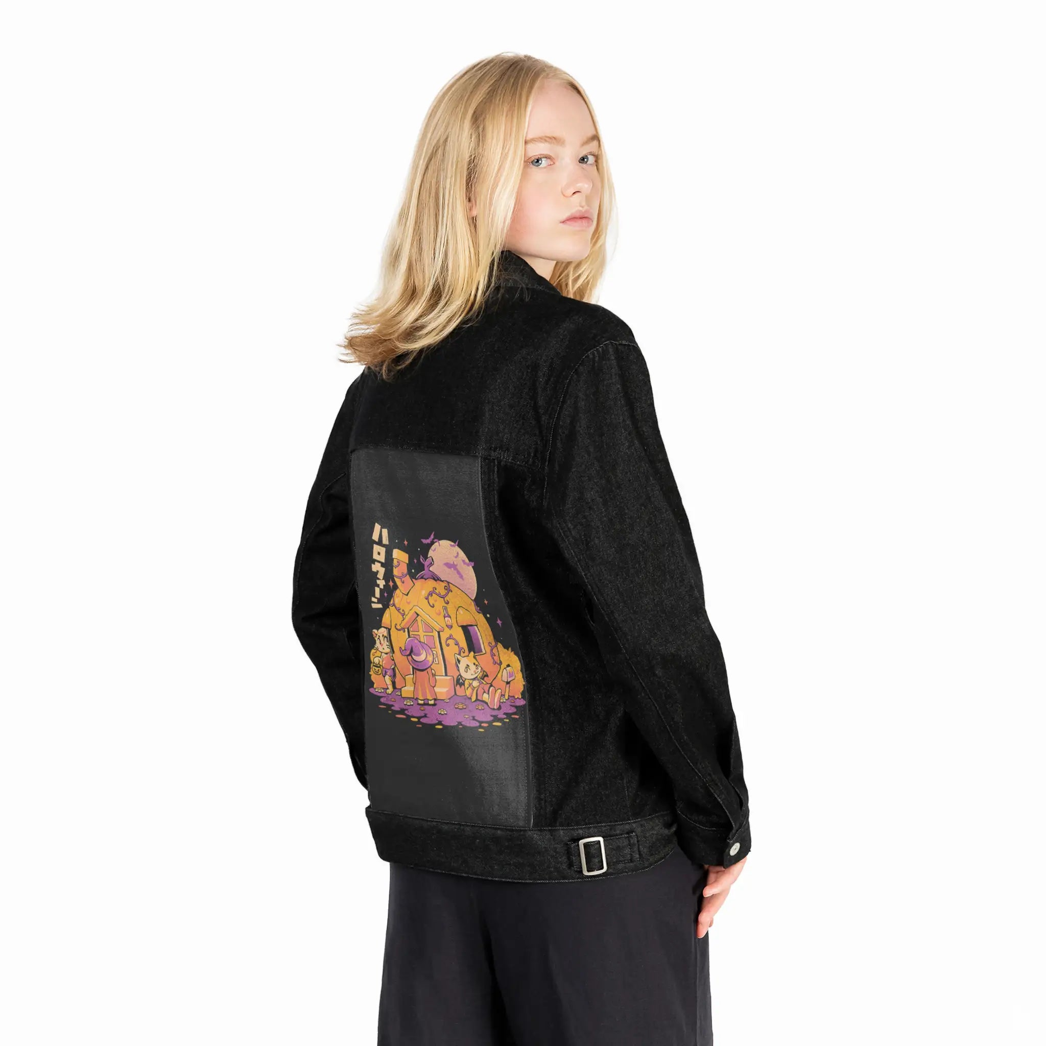 purrpkinhouse patch on female og denim jacket in raven