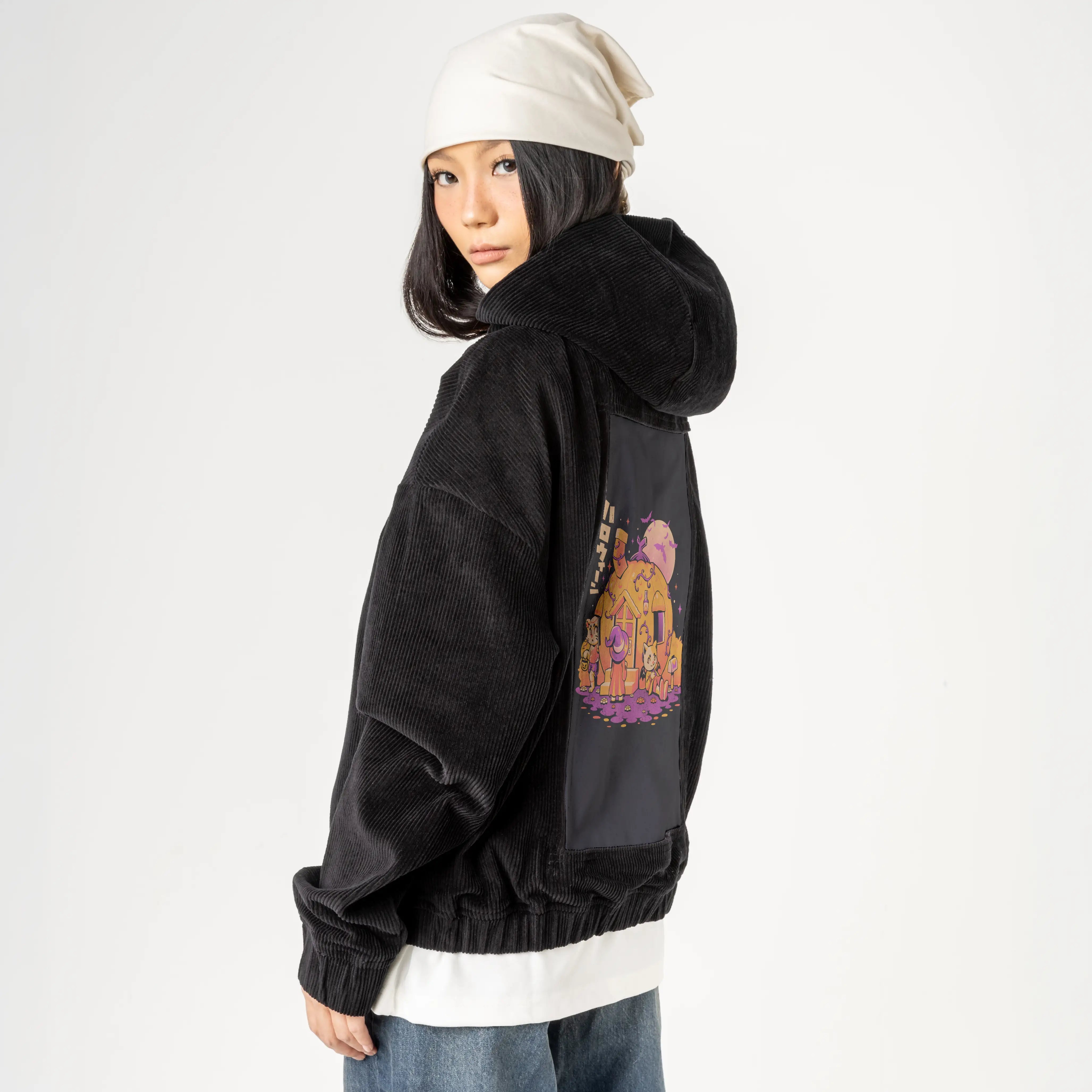 purrpkinhouse patch on female retro cord hoodie in onyx