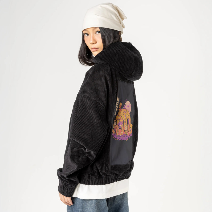 purrpkinhouse patch on female retro cord hoodie in onyx