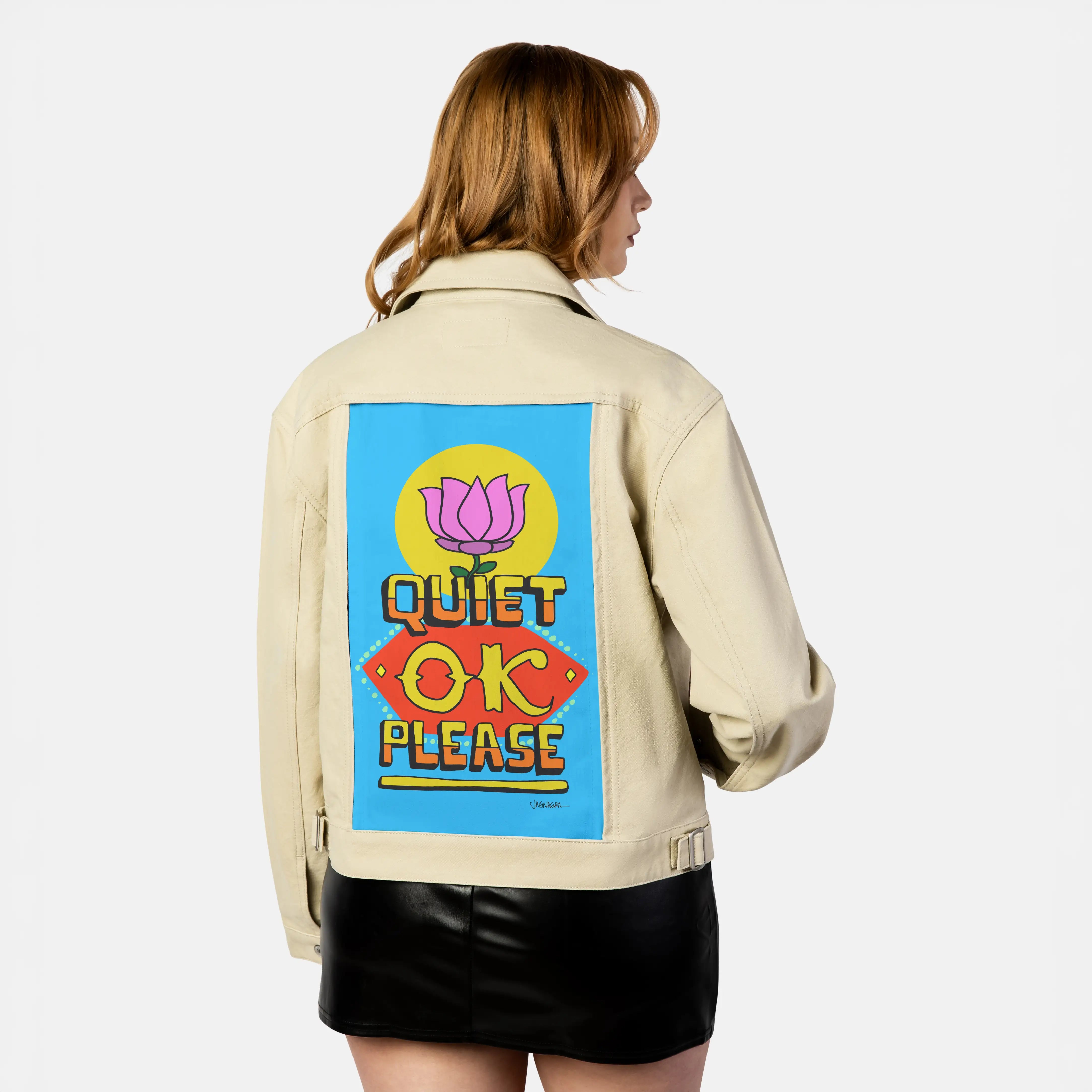 quietokplease patch on female atelier canvas jacket in tan