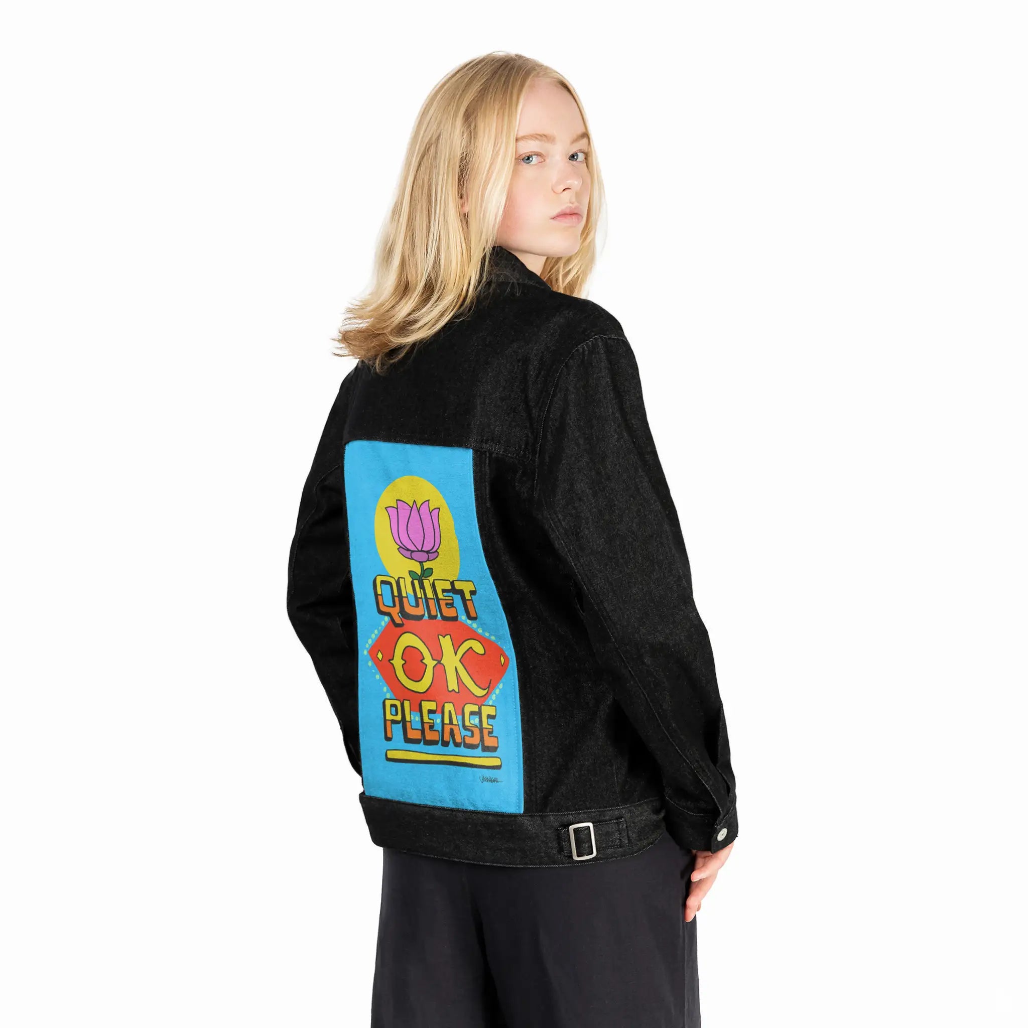 quietokplease patch on female og denim jacket in raven