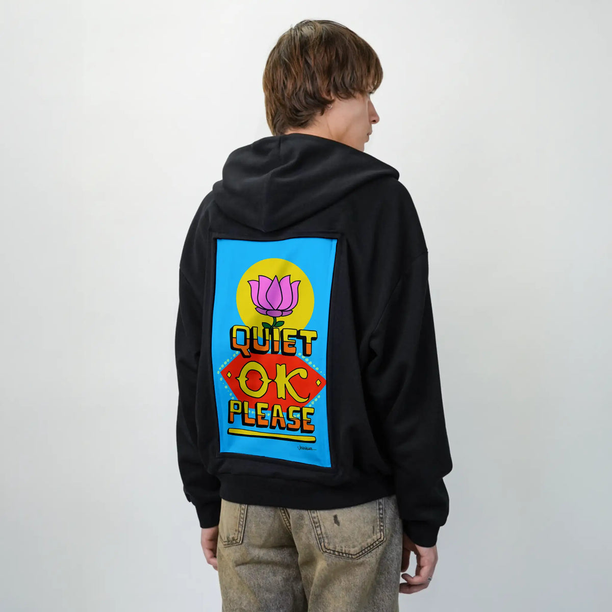 quietokplease patch on male essential zip hoodie in after hours