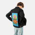 quietokplease patch on male og denim jacket in raven