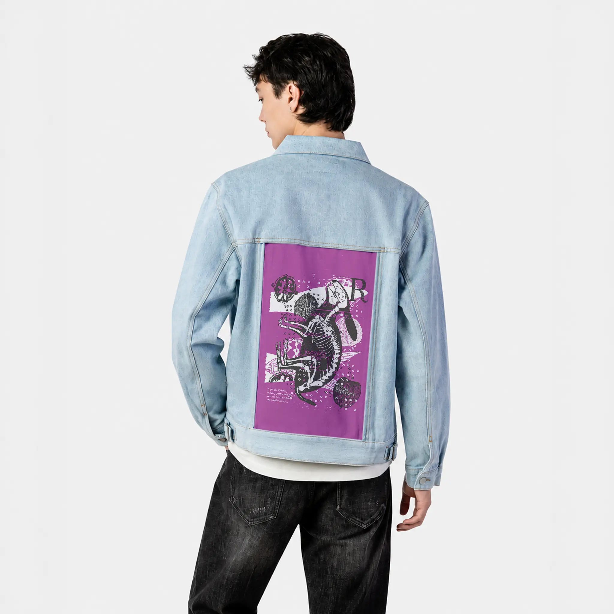 rabbitxray patch on male og denim jacket in oceanside