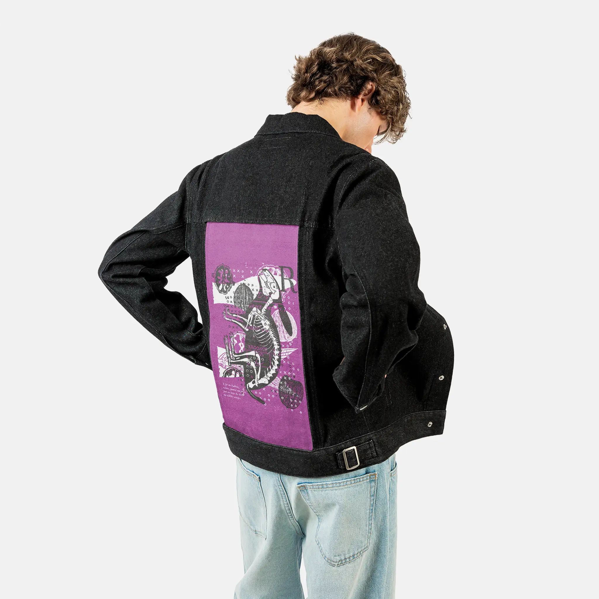 rabbitxray patch on male og denim jacket in raven