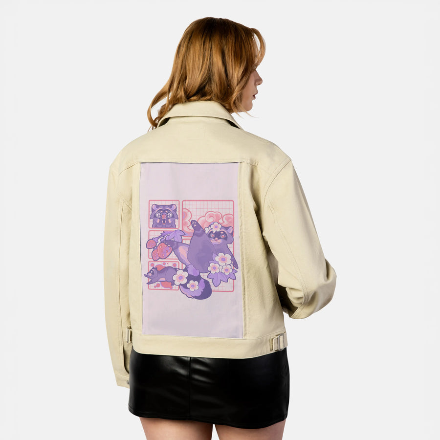 raccoon patch on female atelier canvas jacket in tan