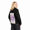 raccoon patch on female og denim jacket in raven